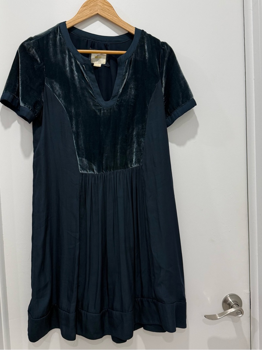 Maeve Anthropologie Velvet Tiered Mini Dress Green Black V Neck Babydoll S